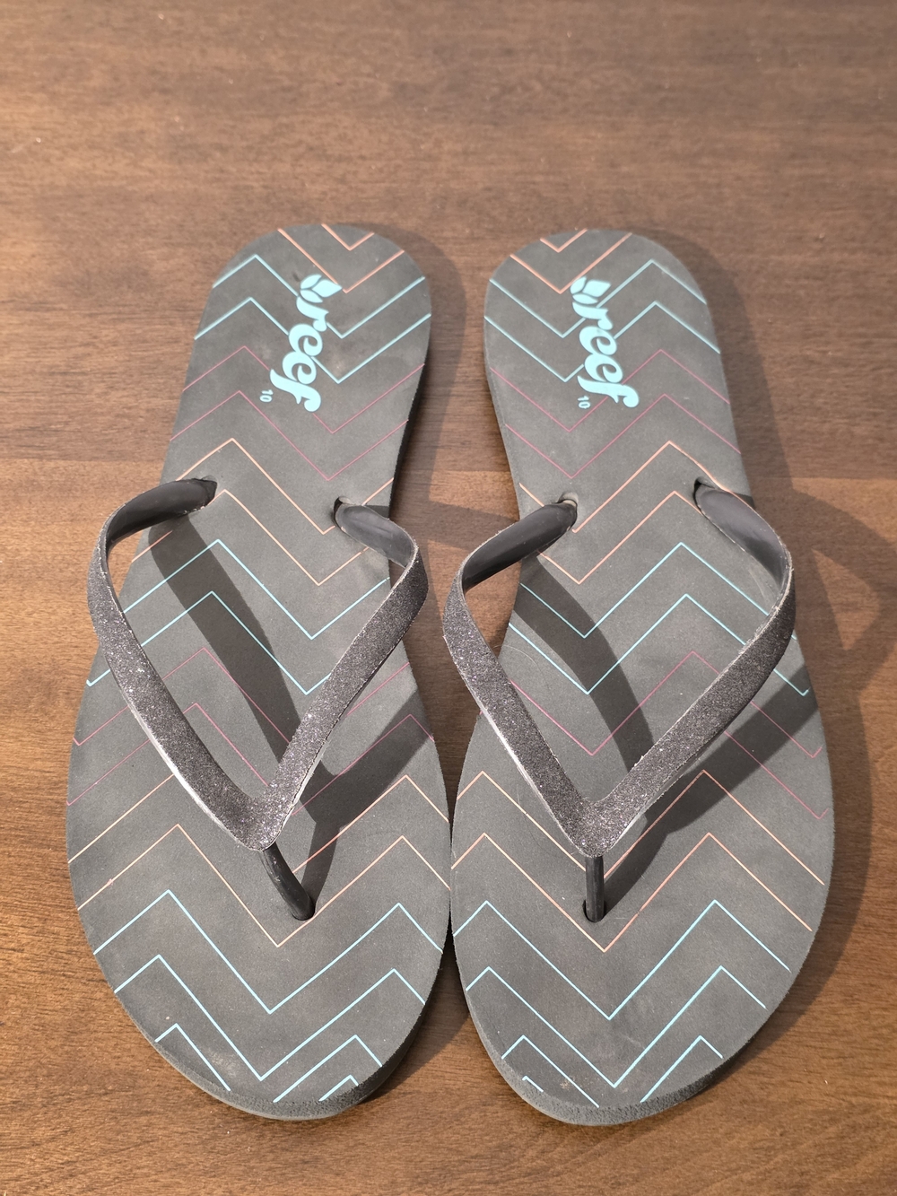Reef Stargazer Flip Flop Sandals in Charcoal with Teal & Pink Accents Sz 10